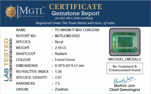 Emerald - 2.18 Carats (Panna - 2.38 Ratti)