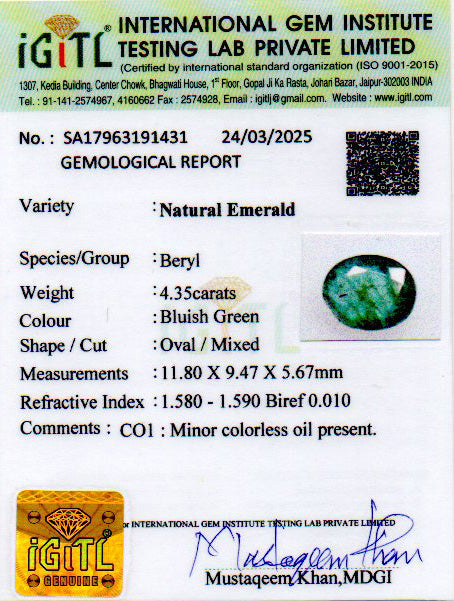 Emerald - 4.35 Carats (Panna - 4.74 Ratti)