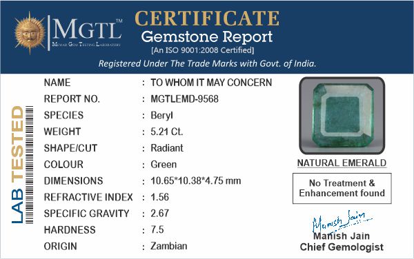 Emerald - 5.21 Carats (Panna - 5.68 Ratti)