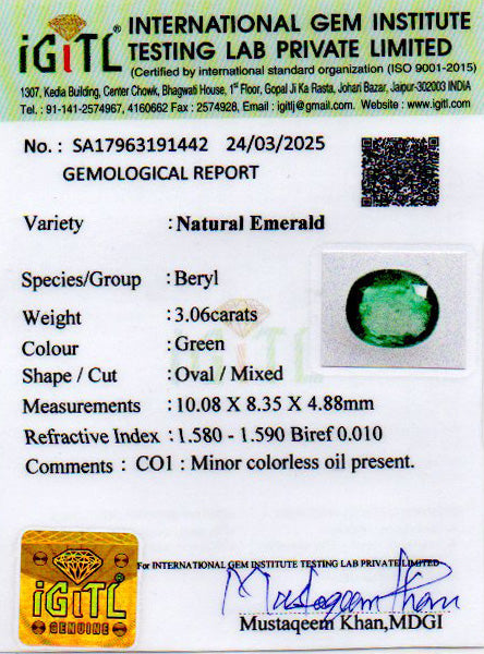 Emerald - 3.06 Carats (Panna - 3.34 Ratti)