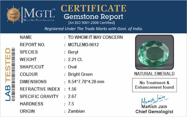 Emerald - 2.21 Carats (Panna - 2.41 Ratti)