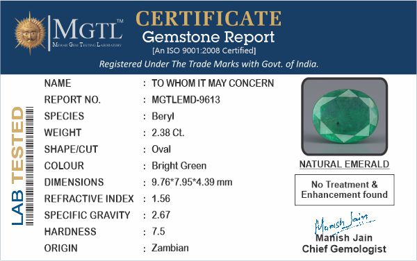 Emerald - 2.38 Carats (Panna - 2.59 Ratti)