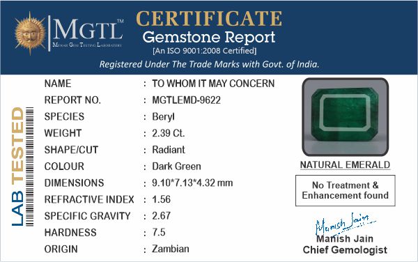 Emerald - 2.39 Carats (Panna - 2.61 Ratti)