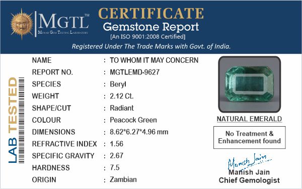 Emerald - 2.12 Carats (Panna - 2.31 Ratti)