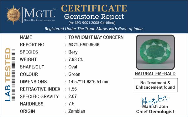 Emerald - 7.98 Carats (Panna - 8.70 Ratti)