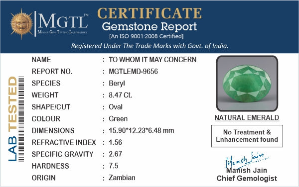 Emerald - 8.47 Carats (Panna - 9.23 Ratti)
