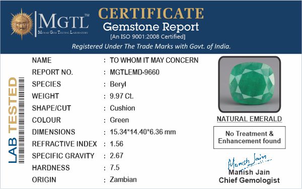 Emerald - 9.97 Carats (Panna - 10.87 Ratti)