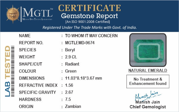 Emerald - 2.90 Carats (Panna - 3.16 Ratti)