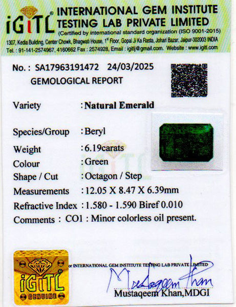 Emerald - 6.19 Carats (Panna - 6.75 Ratti)