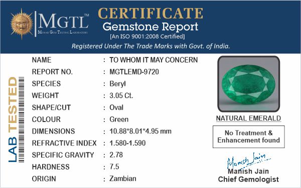 Emerald - 3.05 Carats (Panna - 3.32 Ratti)