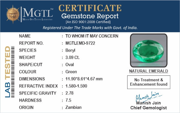 Emerald - 3.09 Carats (Panna - 3.37 Ratti)
