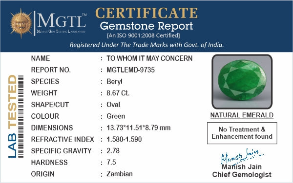 Emerald - 8.67 Carats (Panna - 9.45 Ratti)