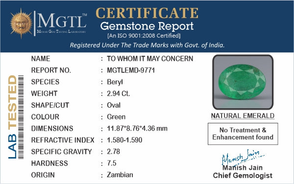 Emerald - 2.94 Carats (Panna - 3.20 Ratti)