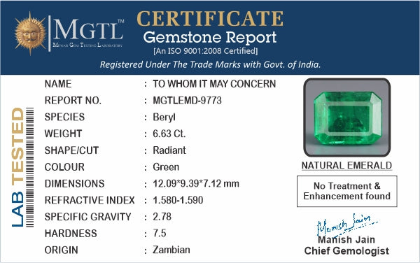 Emerald - 6.63 Carats (Panna - 7.23 Ratti)