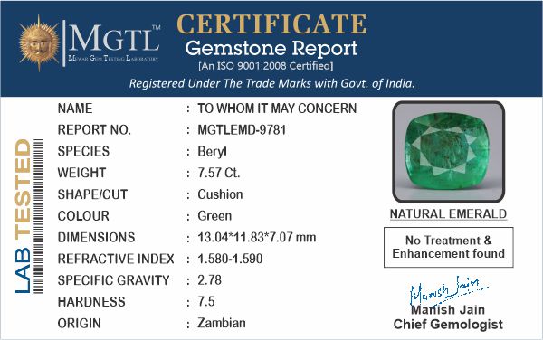 Emerald - 7.57 Carats (Panna - 8.25 Ratti)