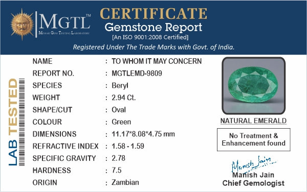 Emerald - 2.94 Carats (Panna - 3.20 Ratti)