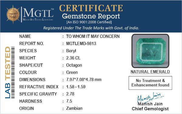 Emerald - 2.36 Carats (Panna - 2.57 Ratti)