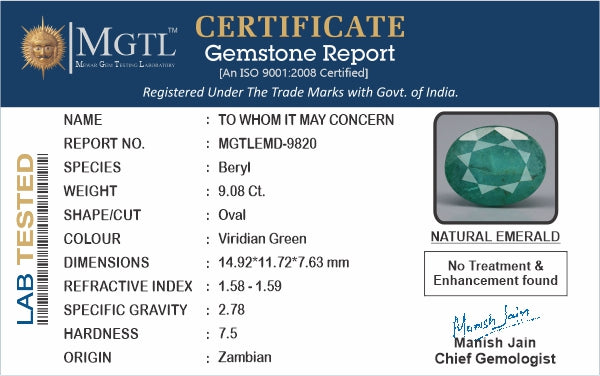 Emerald - 9.08 Carats (Panna - 9.90 Ratti)