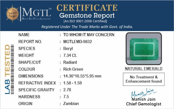 Emerald - 7.34 Carats (Panna - 8.00 Ratti)