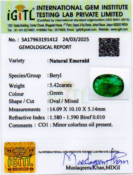 Emerald - 5.42 Carats (Panna - 5.91 Ratti)