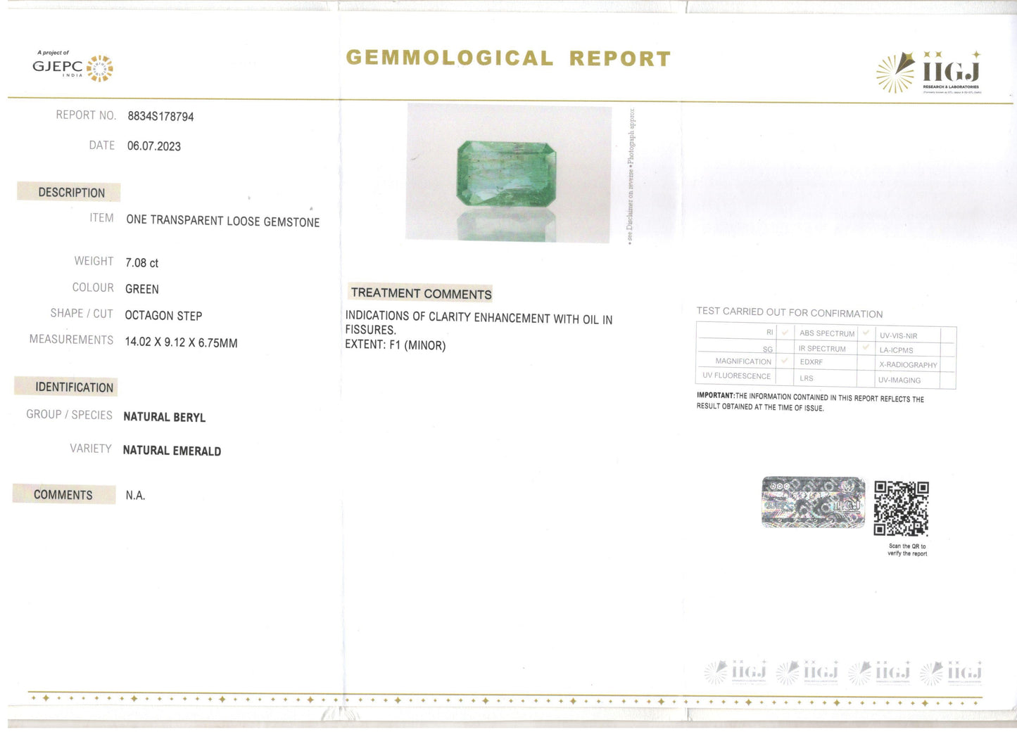 Emerald - 7.08 Carats (Panna - 7.72 Ratti)