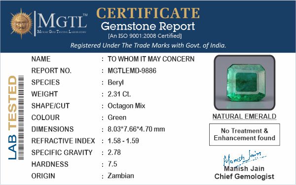 Emerald - 2.31 Carats (Panna - 2.52 Ratti)