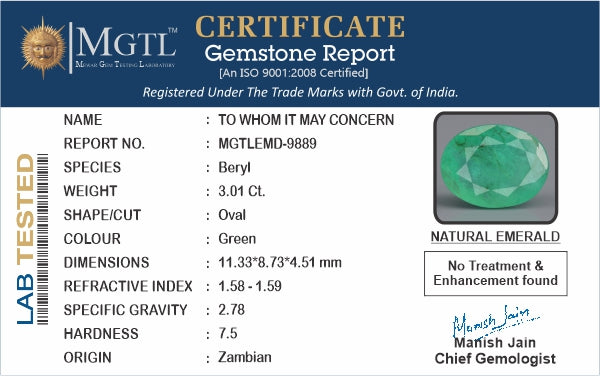 Emerald - 3.01 Carats (Panna - 3.28 Ratti)