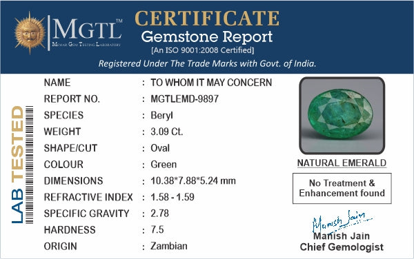 Emerald - 3.09 Carats (Panna - 3.37 Ratti)