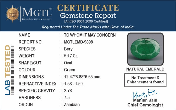 Emerald - 5.17 Carats (Panna - 5.64 Ratti)