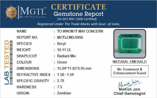 Emerald - 10.11 Carats (Panna - 11.02 Ratti)