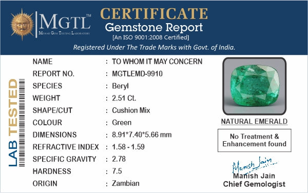 Emerald - 2.51 Carats (Panna - 2.74 Ratti)
