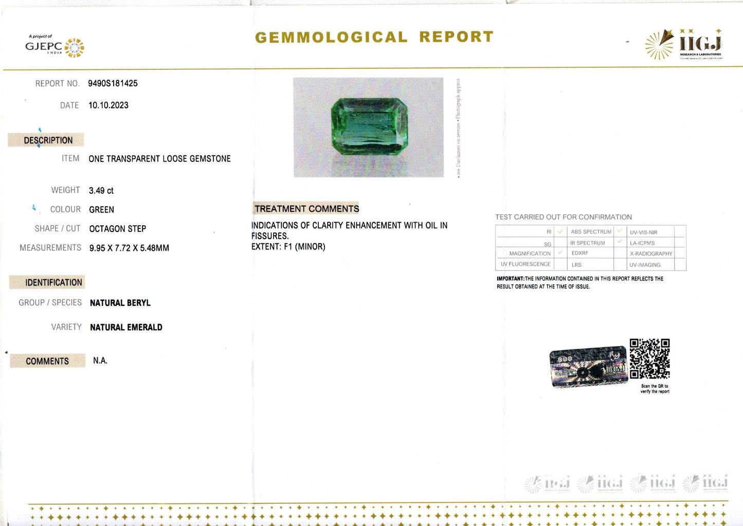 Emerald - 3.49 Carats (Panna - 3.80 Ratti)