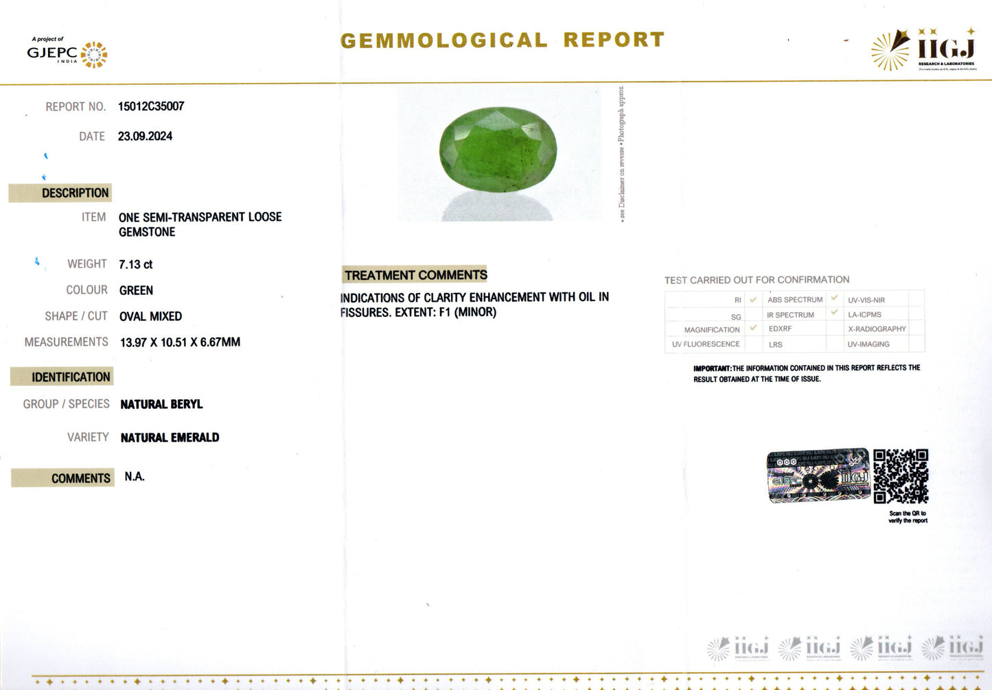Emerald - 7.13 Carats (Panna - 7.77 Ratti)