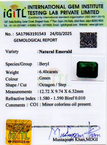 Emerald - 6.40 Carats (Panna - 6.98 Ratti)