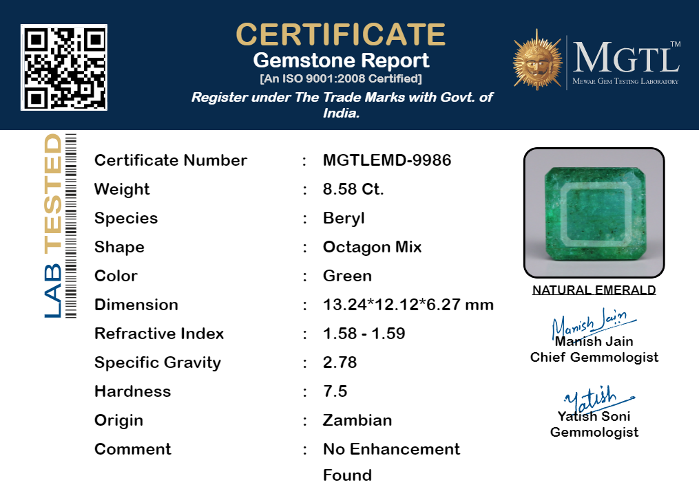 Emerald - 8.58 Carats (Panna - 9.35 Ratti)
