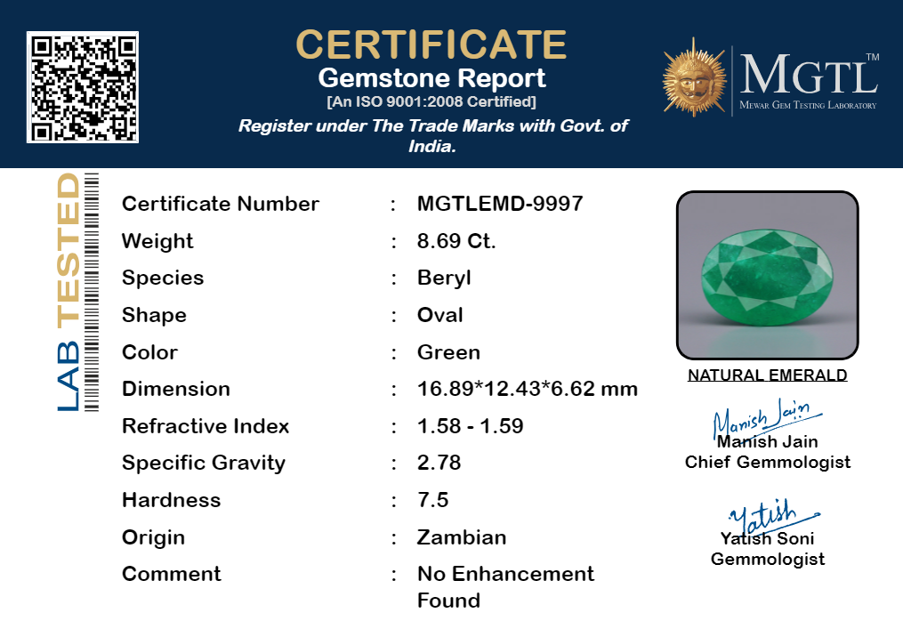 Emerald - 8.69 Carats (Panna - 9.47 Ratti)