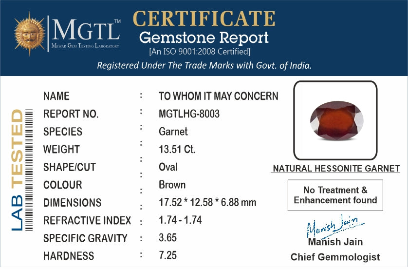 13.51 Carats Oval Hessonite Garnet