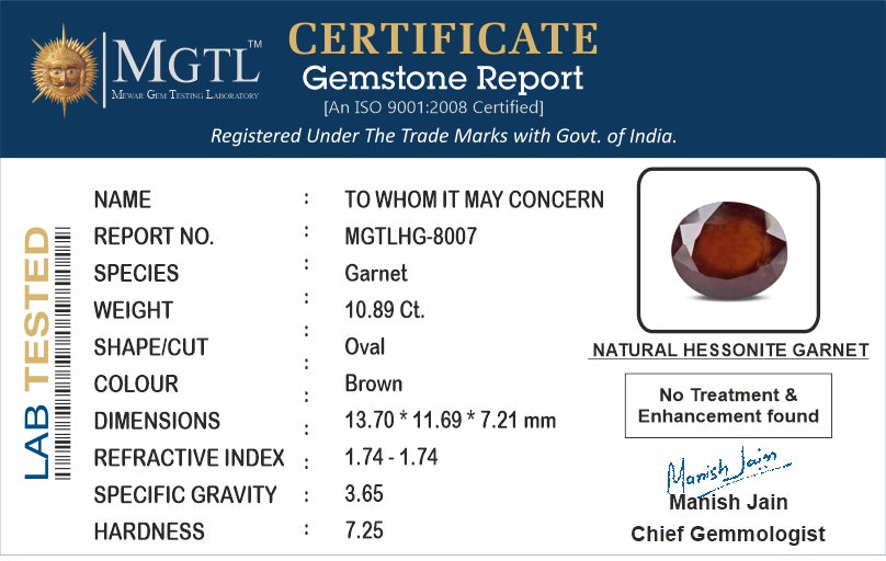 Hessonite - 10.89 Carats (Gomed - 11.87 Ratti)