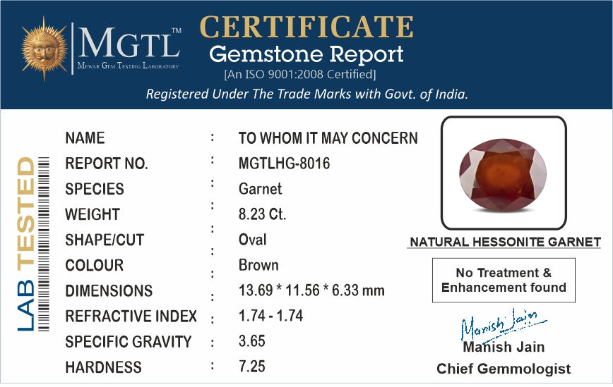 Hessonite - 8.23 Carats (Gomed - 8.97 Ratti)