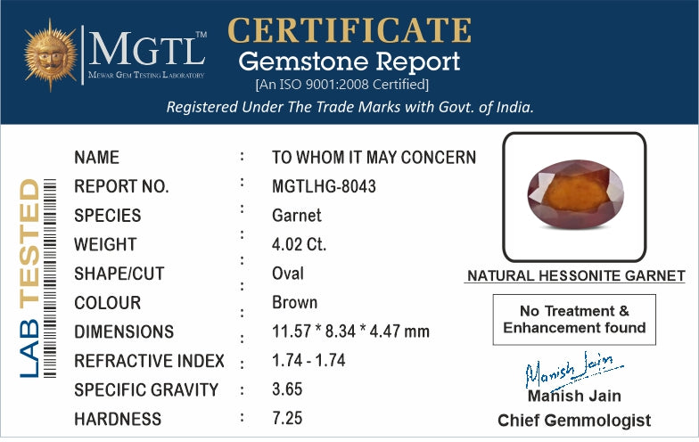 Hessonite - 4.02 Carats (Gomed - 4.38 Ratti)