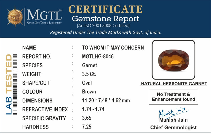 Hessonite - 3.50 Carats (Gomed - 3.82 Ratti)