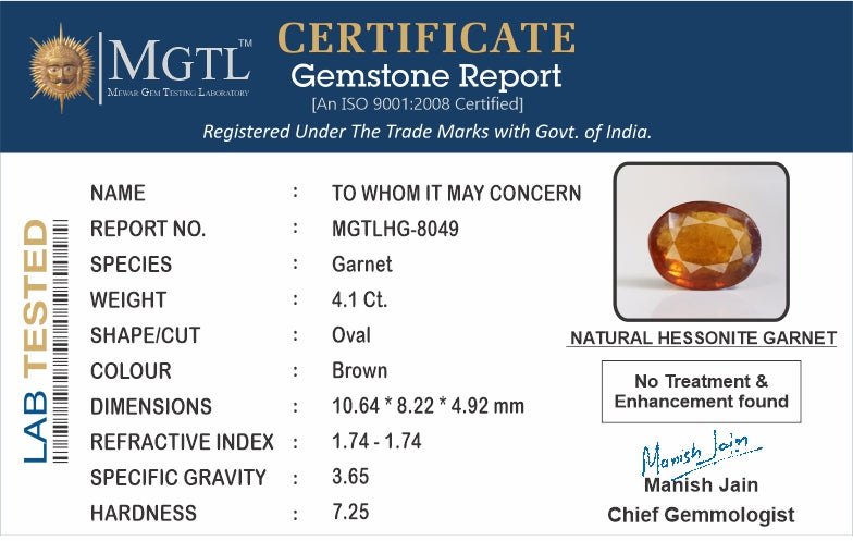 Gomed (Hessonite) Gemstone - 4.10 Carats