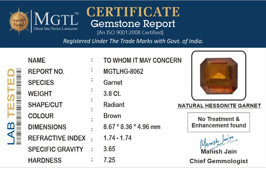 Hessonite - 3.80 Carats (Gomed - 4.14 Ratti)