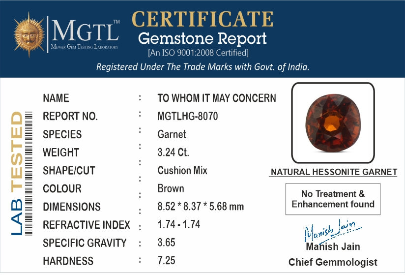 Hessonite - 3.24 Carats (Gomed - 3.53 Ratti)