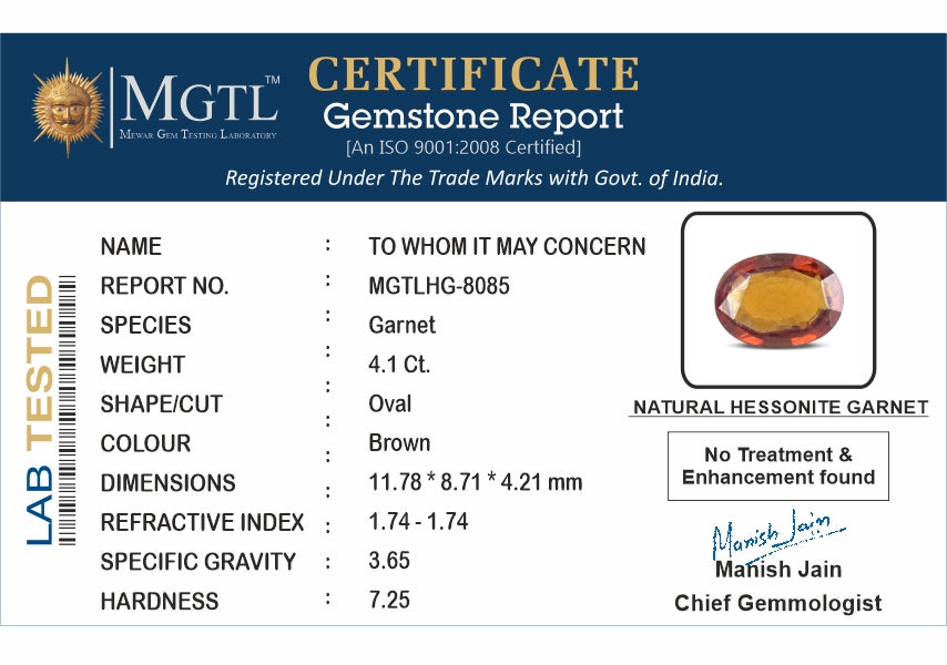 Hessonite - 4.10 Carats (Gomed - 4.47 Ratti)