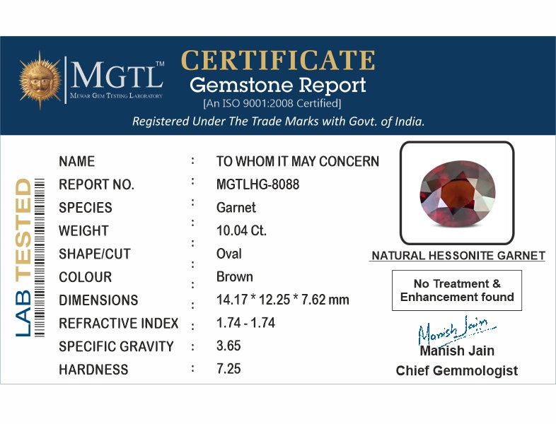 Hessonite - 10.04 Carats (Gomed - 10.94 Ratti)