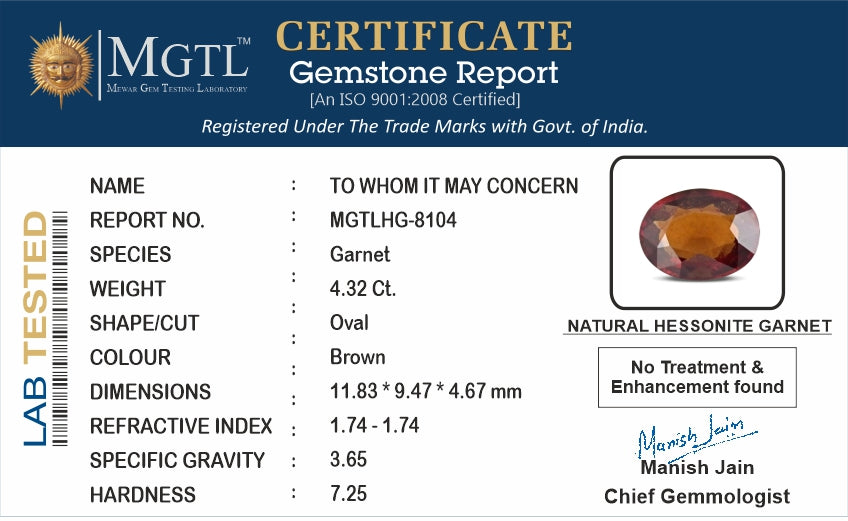 Hessonite - 4.32 Carats (Gomed - 4.71 Ratti)