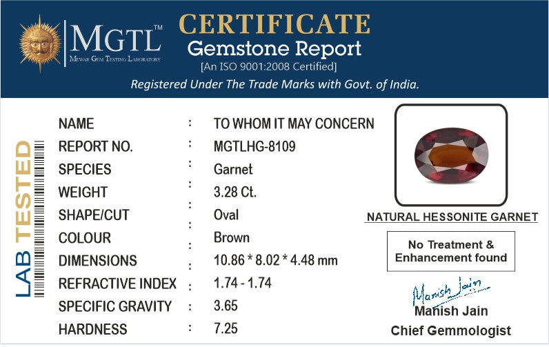 Hessonite - 3.28 Carats (Gomed - 3.58 Ratti)