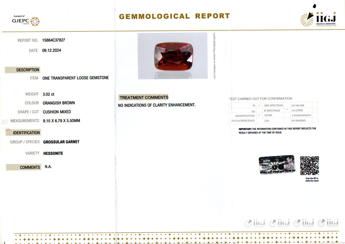 Hessonite - 3.02 Carats (Gomed - 3.29 Ratti)