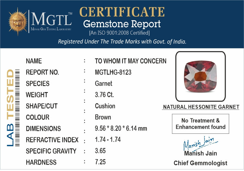 Hessonite - 3.76 Carats (Gomed - 4.10 Ratti)